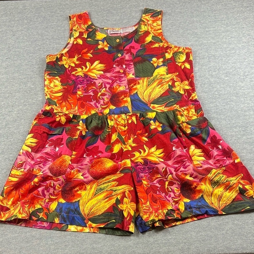 Vintage 100% Cotton Romper Womens Size Large Floral Fruit Pockets Tank Style